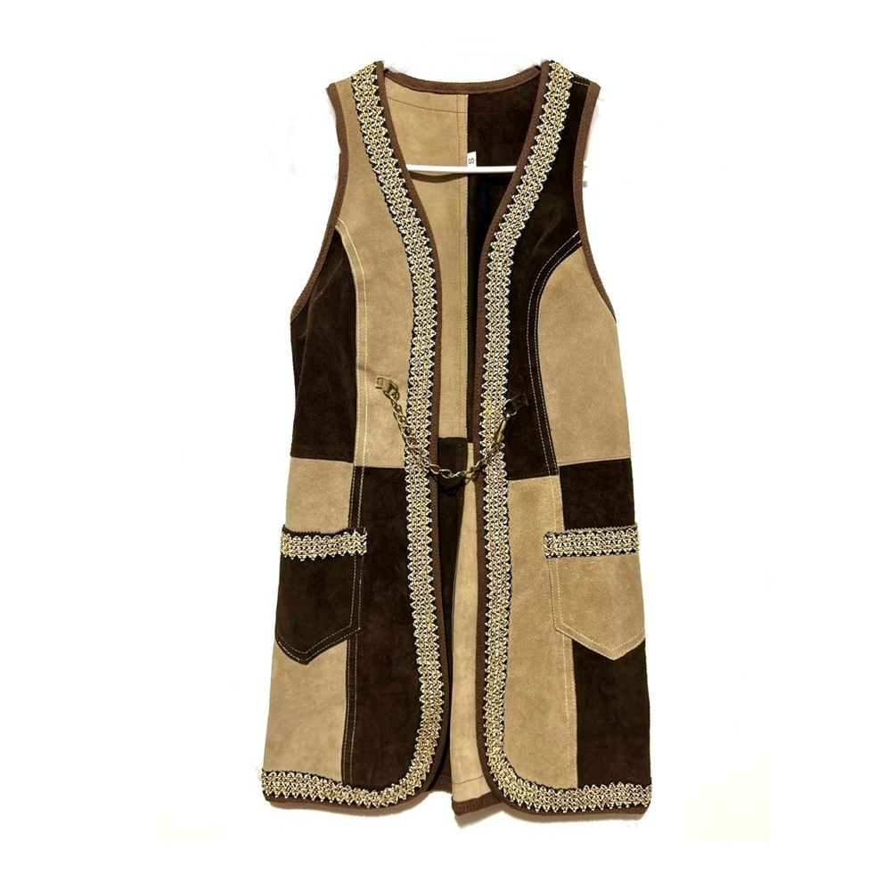 Vintage 70s Patchwork Genuine Suede Long Vest Tan Brown Chain Embroidery XS S